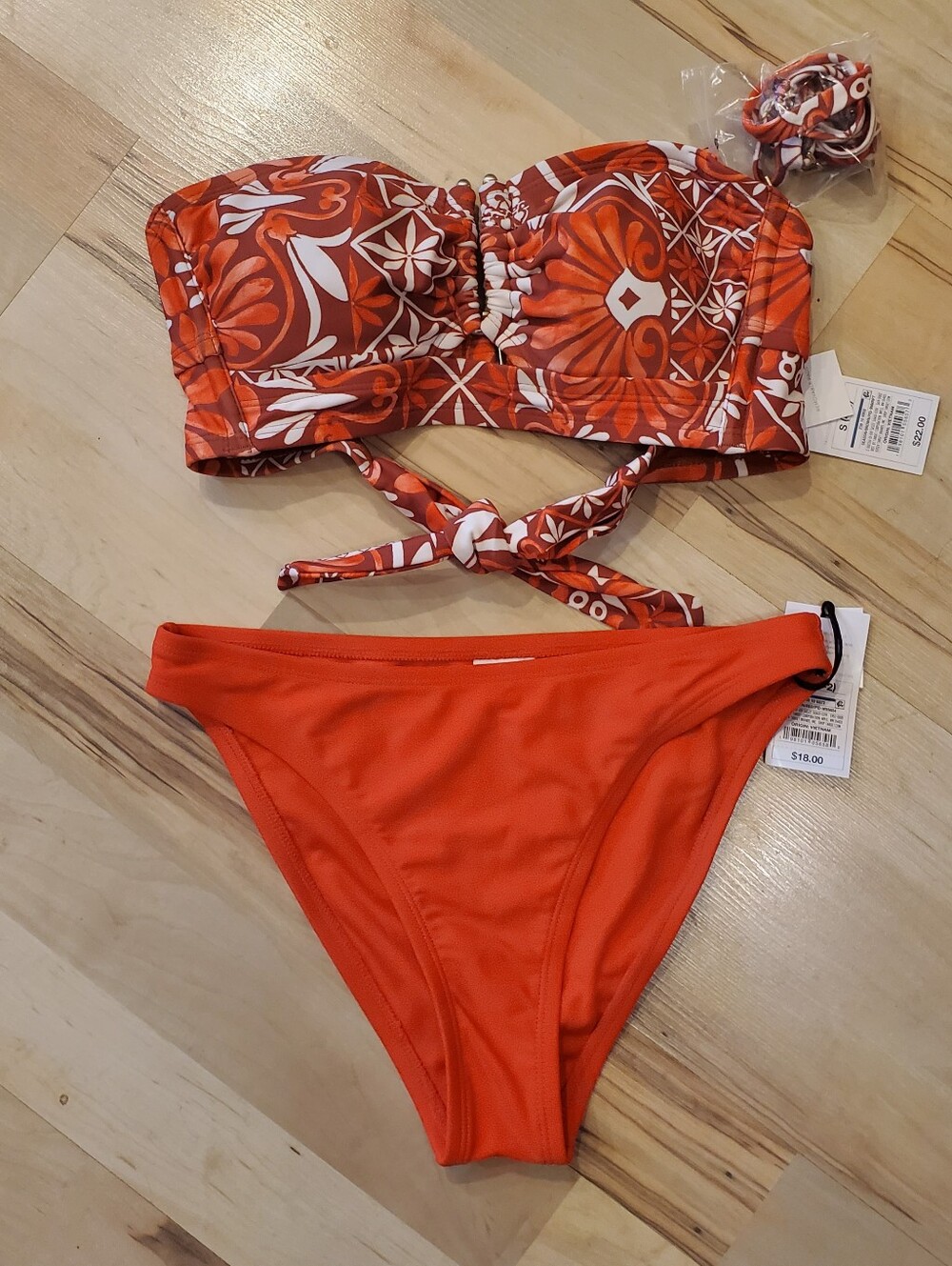 NWT Shade & Shore Orange Printed Bandeau Bikini Top with Solid Orange Bottom